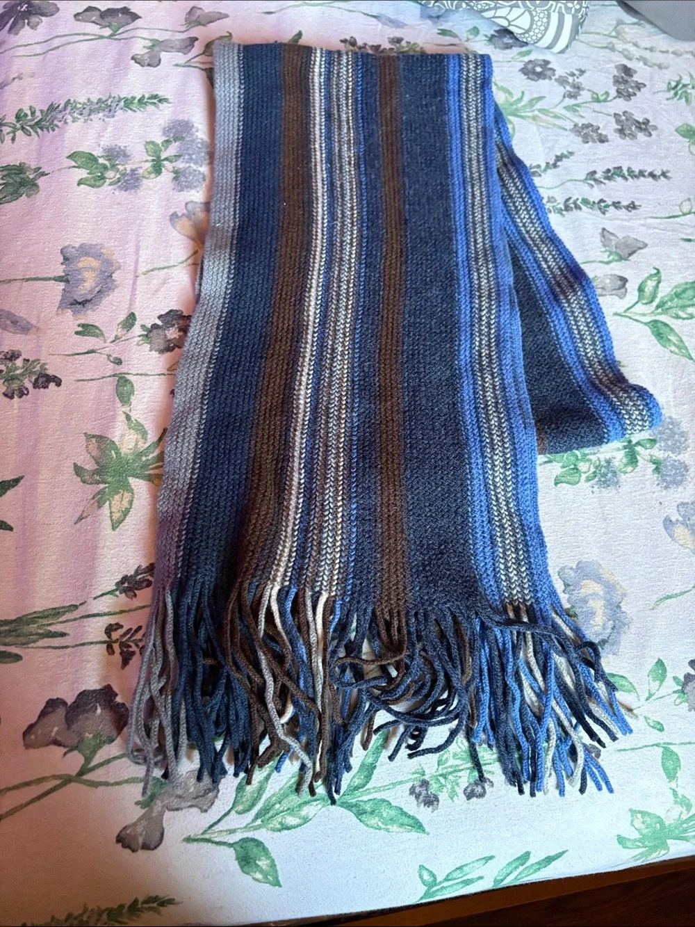 Striped Blue & Brown Fringe Knit Scarf